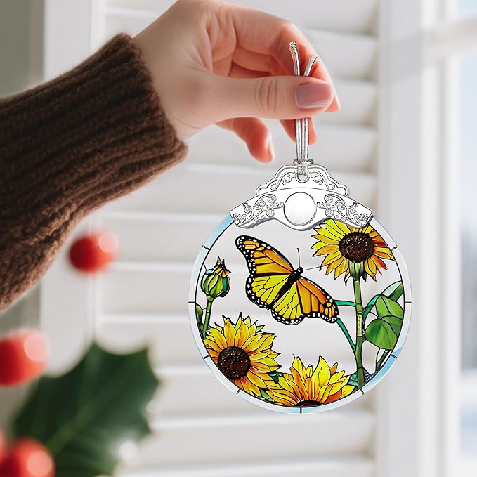 Butterfly & Sunflower Stained Glass Ornament, Christmas Ornaments, Christmas Tree Decorations, Holiday Decor, Holiday Present, Butterfly Themed Gifts, Gift Ideas & Xmas Gifts