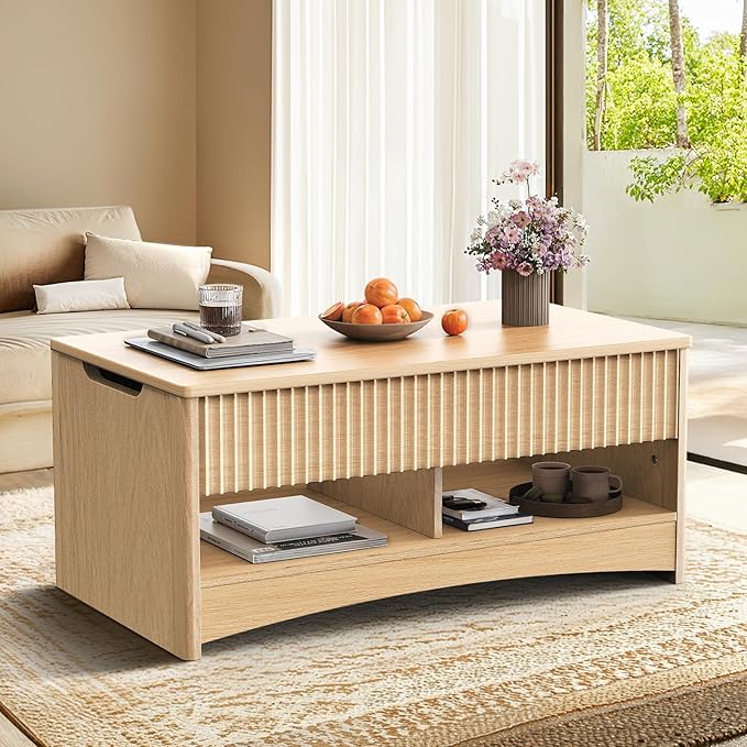 Marsail Lift Top Coffee Table with Open & Hidden Storage, Modern Fluted Coffee Table with Smooth Lift Mechanism, Sturdy Space-Saving Center Table for Home Living Room, Office, Natural Oak
