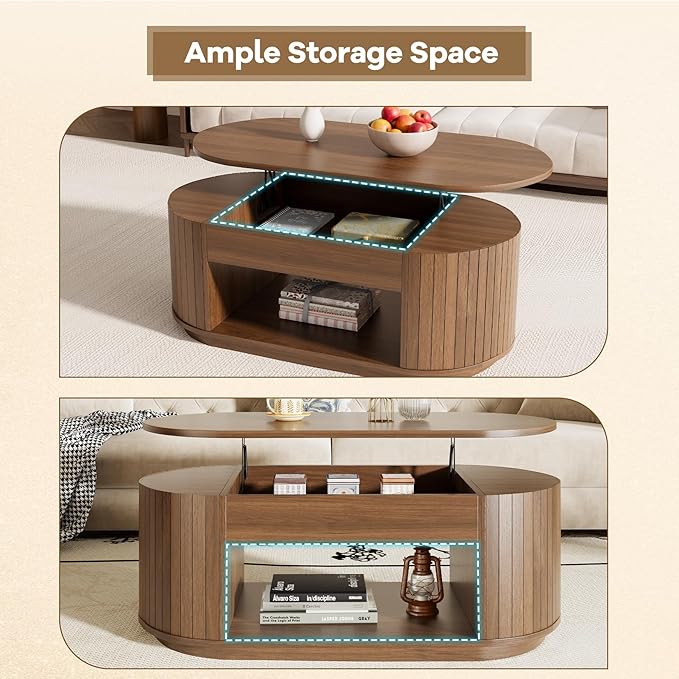 Lift Top Coffee Table, Oval Fluted Coffee Table with Storage for Living Room, Mid Century Modern Wooden Center Tables with 2 Tier Shelf, 43 Inch Tea Table Hidden Compartment for Home Office, Walnut