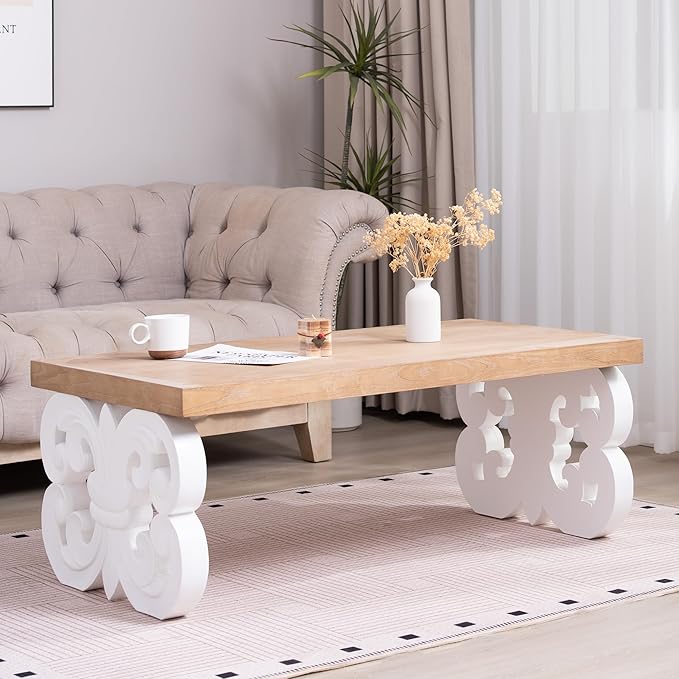 Rectangular Coffee Table with Natural Wood Top, Rustic Wooden Center Table with White Carved Base, Farmhouse Tea Table for Living Room Office Apartment,47.2" L x 23.6" W x 18" H