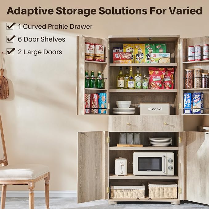 71" Tall Kitchen Pantry, Modern Curved Pantry Storage Cabinet with 4 Doors and 6 Adjustable Shelves, Cupboard for Kitchen, Dining Room, Living Room and Bathroom, Light Grey