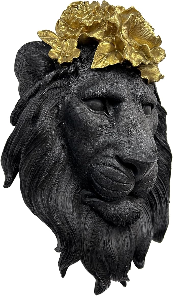 GUSFREUD Black Lion Animal Head Wall Decor – Resin Lion Wall Sculpture, Vintage Black Wall Art for Living Room, Bedroom, Office, Maximalist Home Decor