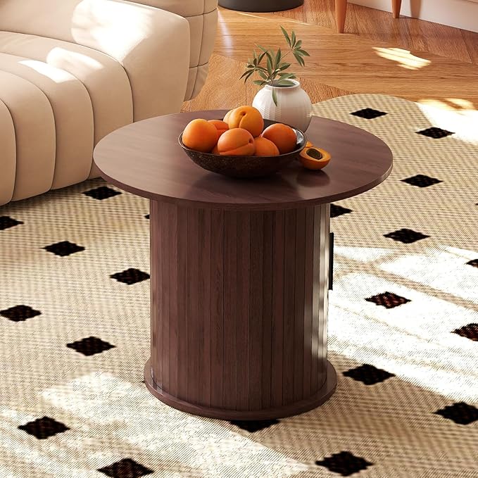 COSVALVE Round Wood Coffee Table 23.6IN with Hidden Storage & Sliding Door, Circle Farmhouse Side Table Sets for Living Room, Bedroom, Balcony, Small Spaces, Walnut