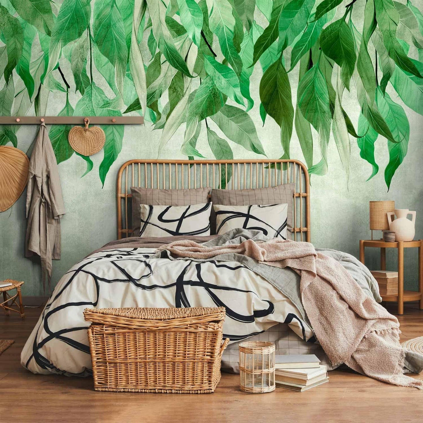 artgeist Premium Wall Mural Hanging Leaves 197x138 in - Non-Woven Wallpaper Fleece Wall Decor Photo Print Picture Image Design Nature Botanical Concrete Green Like Painted b-C-10146-a-a