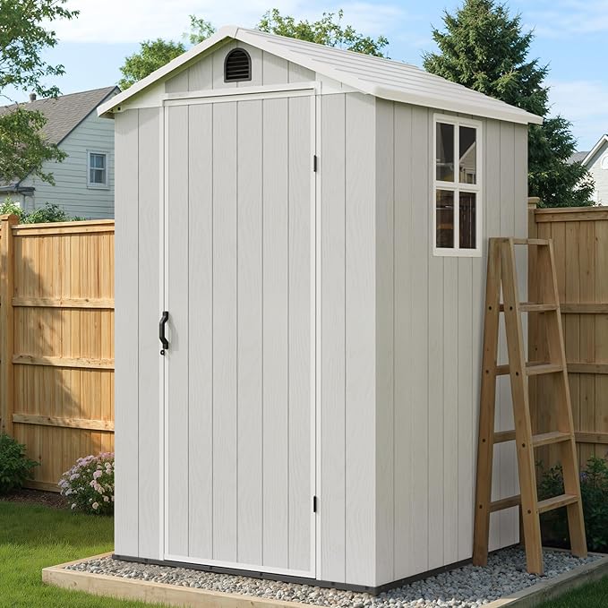 Greesum 4x4FT Plastic Storage Shed with Floor, Resin Outdoor Storaged Sheds with Lockable Door, All Weather Durable Tool Shed with Window and Vent, for Garden, Backyard, Patio, Light Gray
