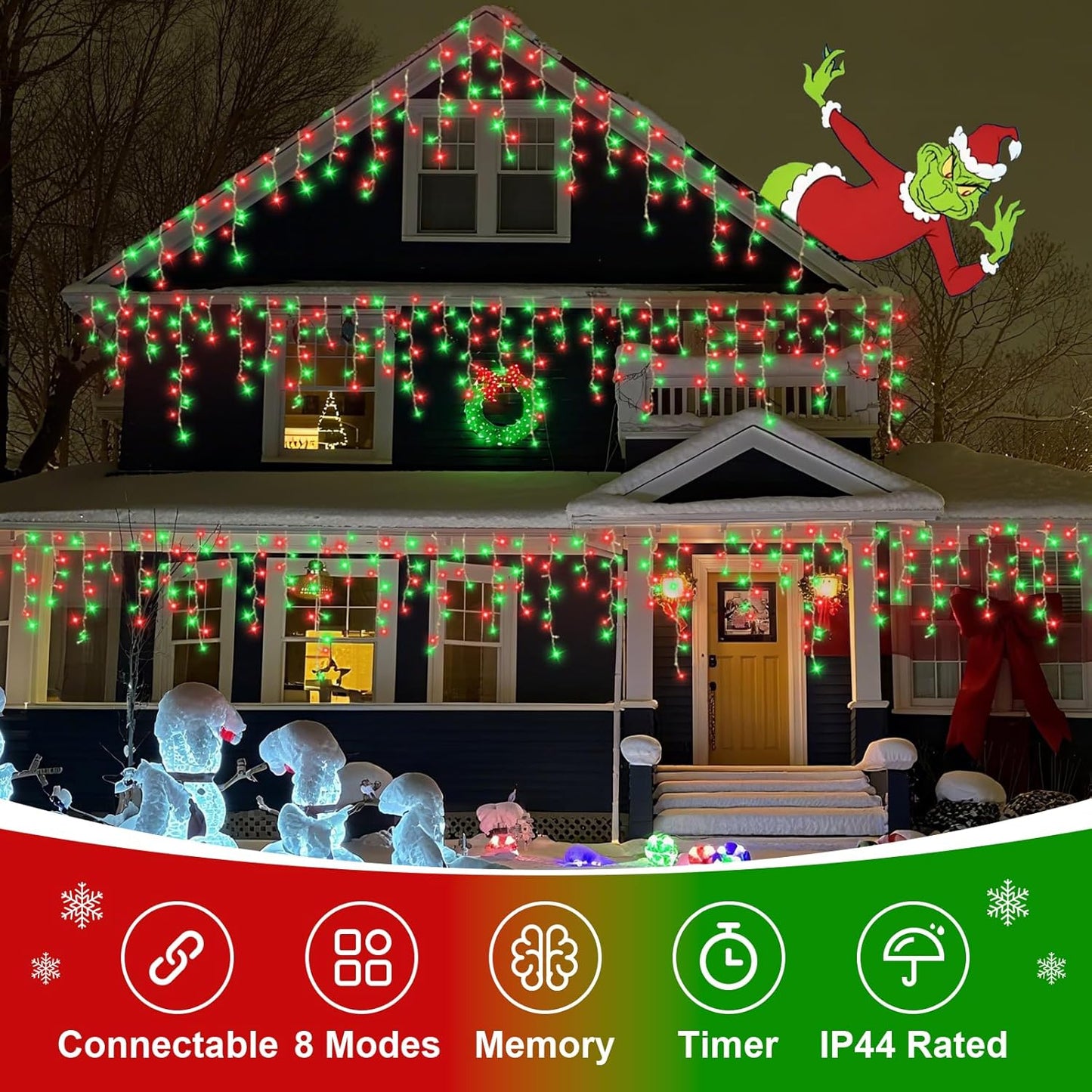 QITONG 800 LED Icicle Lights Red and Green