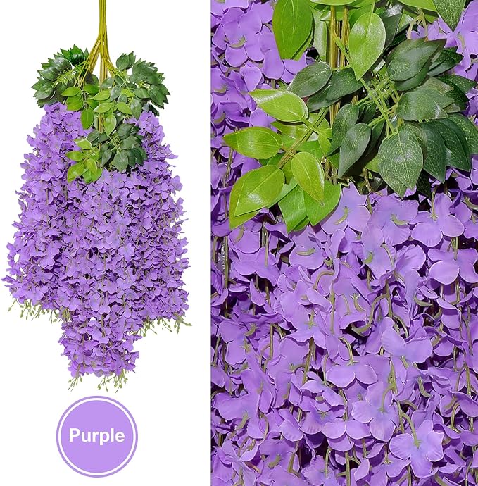 U'Artlines 24 Pack (Total 86.4 Feet) Artificial Fake Wisteria Vine Rattan Hanging Garland Silk Flowers String Home Party Wedding Decor (24, Purple)