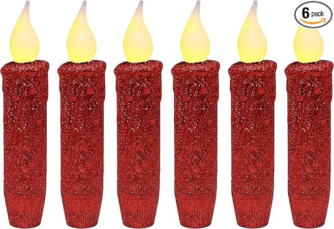 CVHOMEDECO. Glitter Flameless Candles Flickering Battery Operated LED Taper Candles with Timer for Home, Wedding, Halloween, Christmas Decor. Red, 4-3/4 Inch, Set of 6