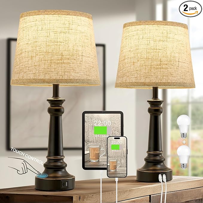 Touch Lamps for Nightstand Set of 2 - Black Table Lamp for Bedroom Dimmable Bedside Lamp with USB C+A Ports - Lamps for Night Stands Living Room End Table,2 LED Bulbs Included