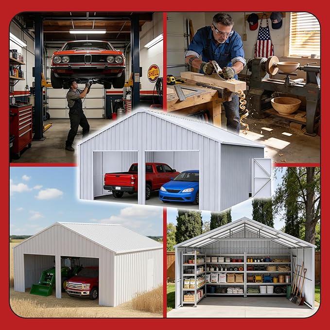 Outdoor Metal Storage Shed, 33x25 FT Large Heavy-Duty Garage Industrial Prefab Steel Building with Side Door for Car, Metal Barn, Outdoor Workshop, RV, Tractor & Equipment Shelter（White）