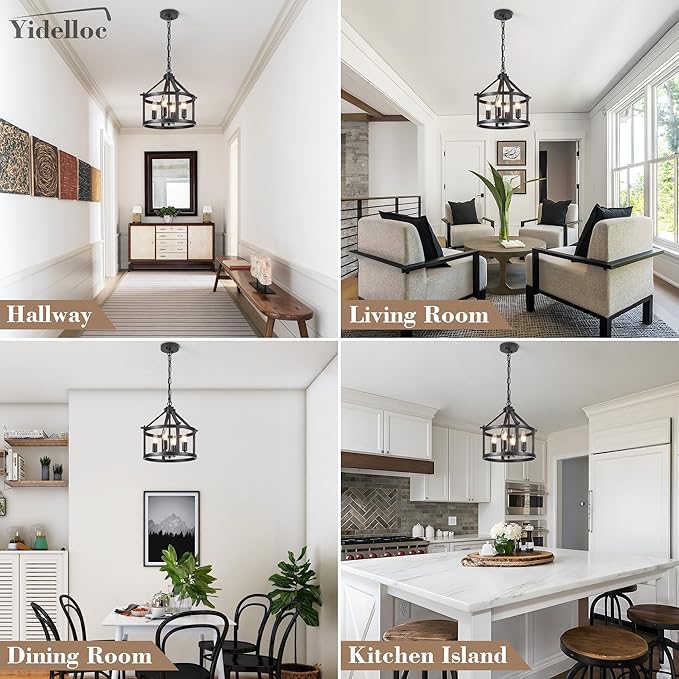 Farmhouse Light Fixtures Round Cage Chandeliers 4 Lights E12 Base Vintage Black Chandelier Pendant Light for Dining Room Entryway Hallway Foyer Kitchen