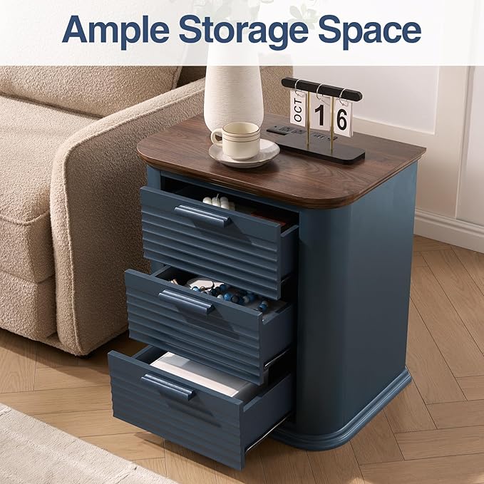 Okvnbjk 22" Wide Fluted Nightstand Set of 2 with Charging Station, Mid Century Modern End Table for Living Room, Bedroom, Home Office, Wood Curved 3 Drawer Dresser, Large Bedside Tables, Navy Blue