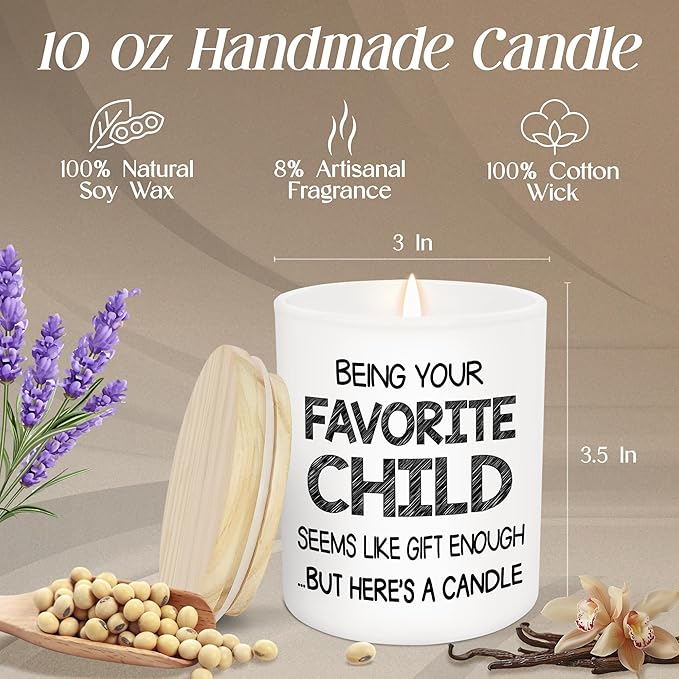 TEEZWONDER Christmas Birthday Gifts for Mom from Daughter Son - Favorite Child Vanilla Lavender Candle 10 oz - Dad Mom Birthday Gifts, Funny Gift for Grandma Grandpa, Scented Candles for Men Women