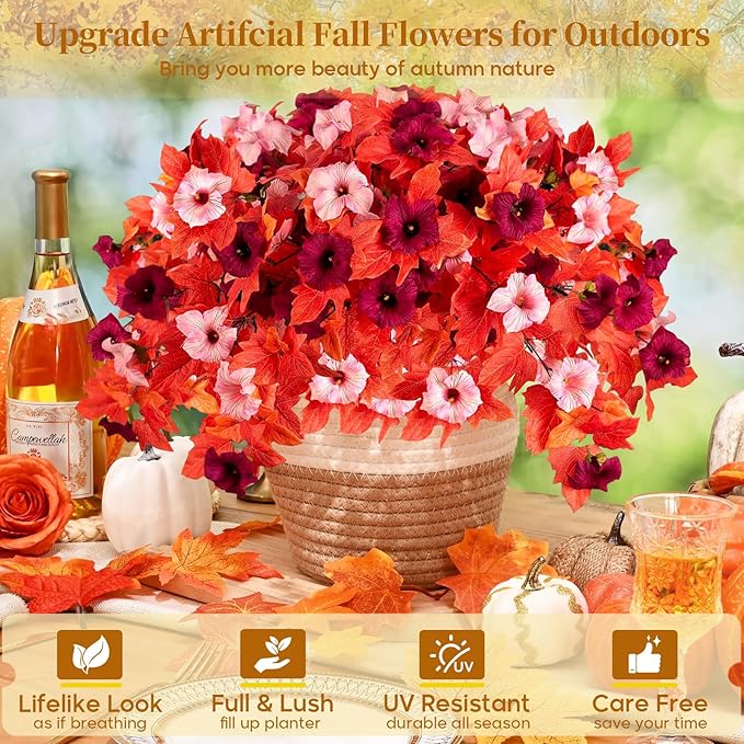 Artificial Fall Fake Flowers Plants for Outdoor Decoration 2PCS No Fade Faux Petunias UV Resistant Realistic Autumn Silk Flowers for Home Garden Balcony Yard Porch Deco (Dark Red)