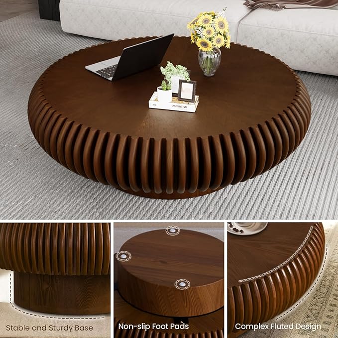 39.3" Drum Coffee Table Modern Unique Fluted Tea Table Contemporary Wood Round Coffee Table with Fluted Centry Table for Living Room Walnut (39.3" Walnut)