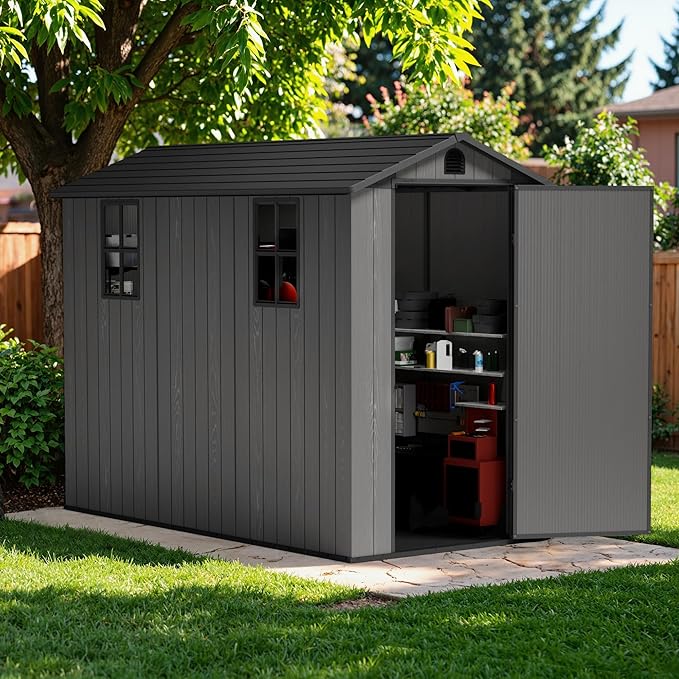Greesum 4x8FT Plastic Storage Shed with Floor, Resin Outdoor Storaged Sheds with Lockable Door, All Weather Durable Tool Shed with Window and Vent, for Garden, Backyard, Patio, Dark Gray