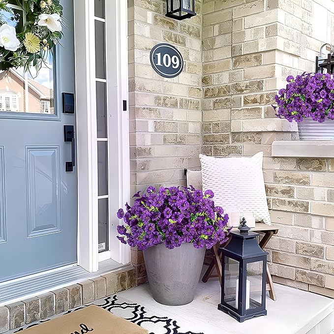 Artificial Flowers for Outdoor Decoration, 10 Bundles Fake Plastic Flower Plant, Faux Colorful Silk Morning Glory Eucalyptus for Outside Spring Summer Garden Porch Front Door Decor, Dark Purple