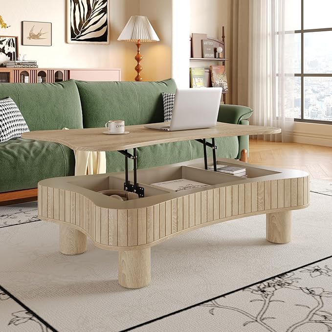 WILLIAMSPACE 42" Lift Top Coffee Table with Hidden Storage, Modern Luxury Wooden Center Table with Silent Hydraulic Lift, Curved Safety Corners, Accent Side Tea Table for Living Room, Antique Natural