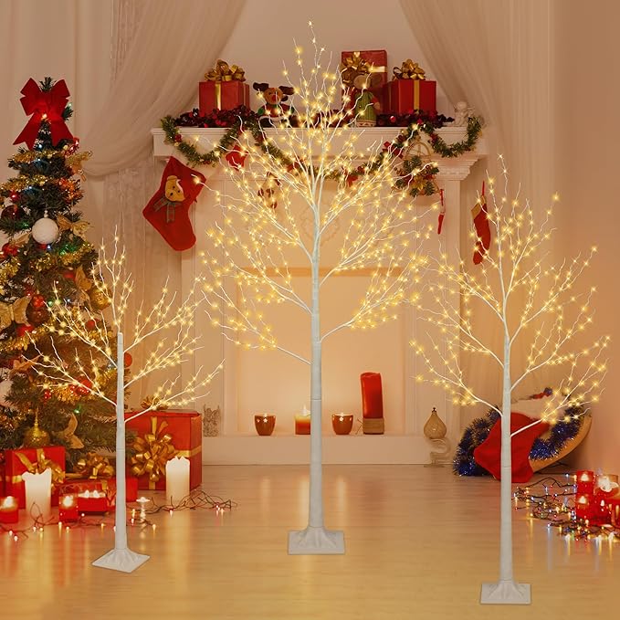 HUGROVE Lighted Birch Tree,4FT/5FT/6FT White Twinkle Christmas Tree with LED,Warm White,Adjustable Branches, Artificial Birch Tree Lights with Timer,Indoor & Outdoor & Christmas Use (Branches)