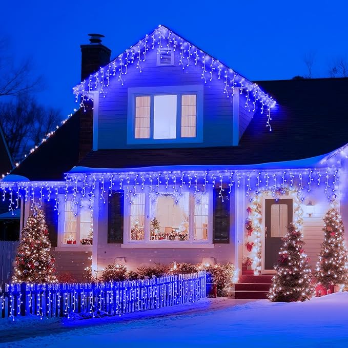 XURISEN 66ft Christmas Lights Decorations Outdoor, 640 LED 8 Modes Curtain Fairy Lights with 120 Drops,Plug in Waterproof Timer Memory Function for Christmas Holiday Wedding Party Decor(Blue)