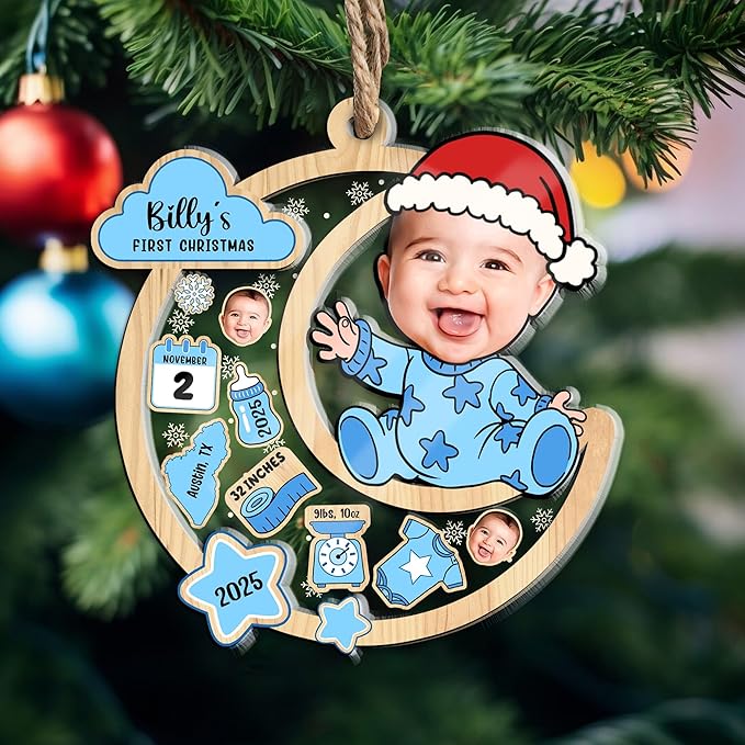 Personalized Baby's First Christmas Shaker Ornament 2025 - Customized Photo Ornament - Custom Birth Stats Keepsake Ornaments - Xmas Tree Decor - Gifts for Christmas