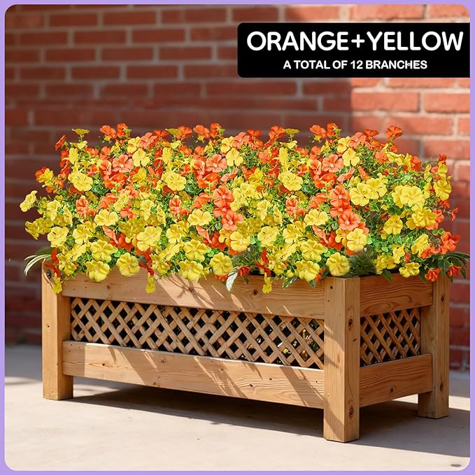 Artificial Flowers Outdoor Indoor Garden Family Porch or Patio Decoration,Faux Flowers,Small Flowers Outdoor Artificial Flowers a Bunch of 12 Orange and Yellow