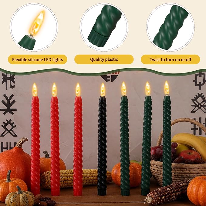 Riakrum 7 Pieces Kwanzaa Candles Set Kwanzaa Flameless Taper Candles Battery Operated for Church Celebration Decoration(10.04 Inches,Spiral)