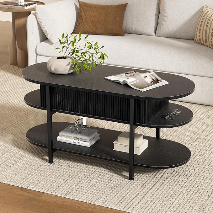 FABATO 41.7" Oval Lift Top Coffee Table, Fluted Wood Center Table with Hidden Storage, 3 Tier Small Tables with Curved Edge, Modern Narrow Coffee Table for Living Room Reception Room, Black
