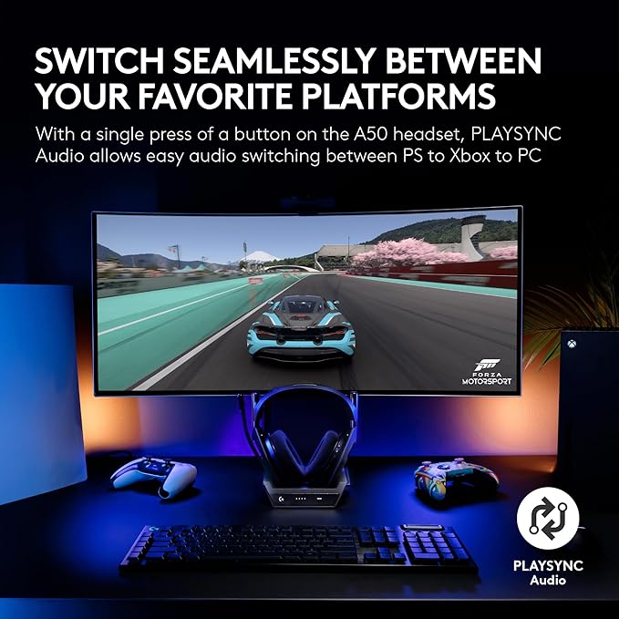 Logitech G Astro A50 Multi-Platform Wireless Gaming Headset + Base Station for PS5/Xbox/PC: PLAYSYNC Audio Switcher, <16bit/48kHz (Console), <24bit/48kHz (PC), 24hr Battery, 2.4GHz & BT - White
