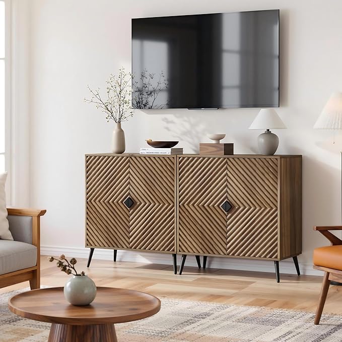 Sideboard Cabinet with Adjustable Shelf, Freestanding Walnut Small Buffet with Storage, Wooden Console Cabinet with Diamond Parquetry Doors for Living Room, Entryway, Console