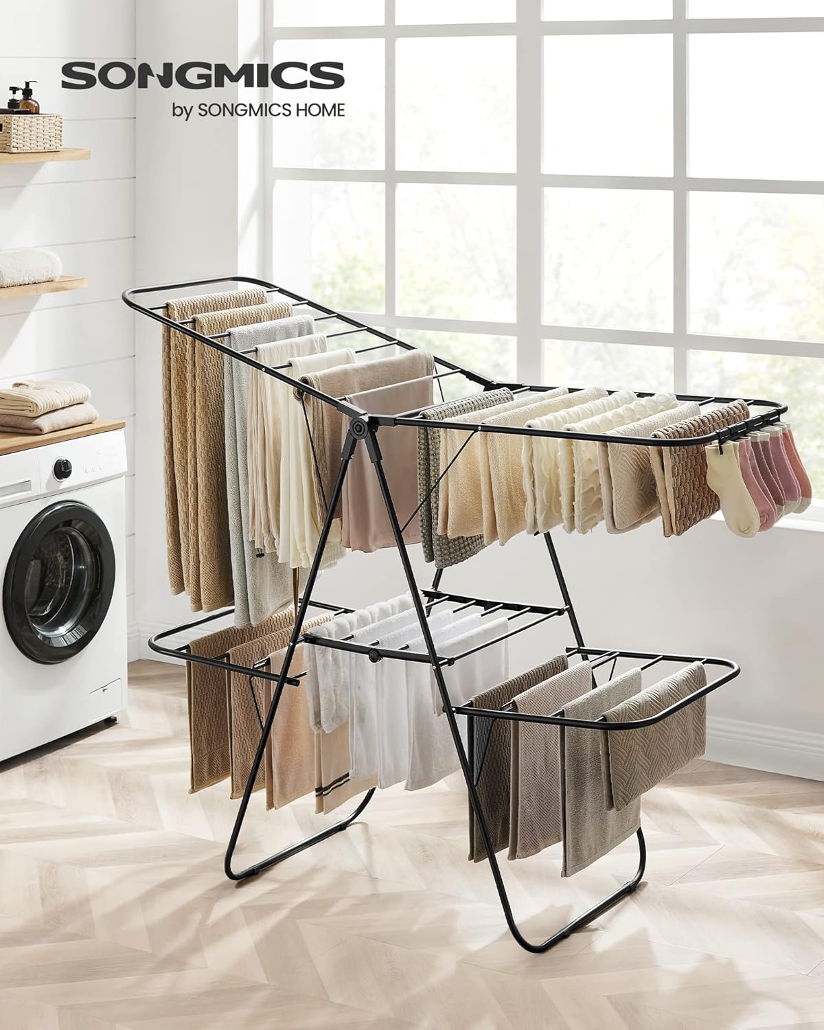 SONGMICS Clothes Drying Rack, Foldable 2-Level Laundry Drying Rack, Free-Standing Laundry Airer, with Height-Adjustable Wings, 33 Drying Rails, Sock Clips, Black ULLR053B01V1