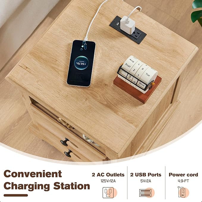 T4TREAM Nightstand with Charging Station Set of 2, Wood Rustic Sofa Side Table with Open Storage Shelf for Bedroom, 18 Inch Vintage End Table with 2 Drawers for Living Room, Natural Oak