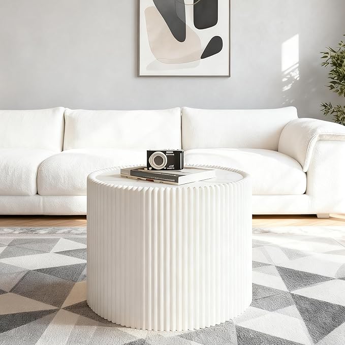 17.71" White Round Coffee Table, Drum Coffee Table with Sintered Stone Tabletop and Fluted PU Leather Covered and Stable Base, Circle Cocktail Tea Table for Living Room
