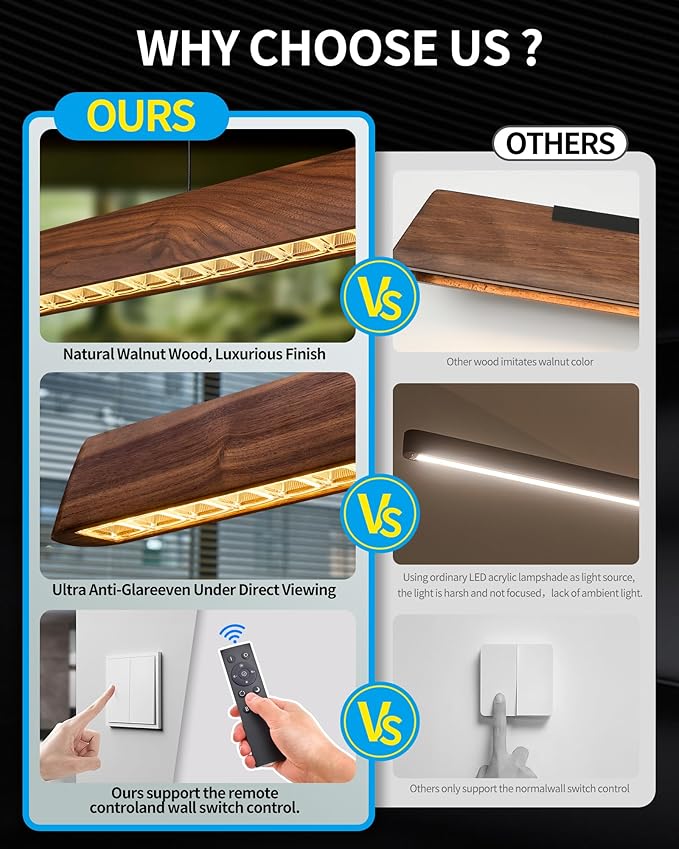 57" Wood Linear Pendant Light, Dimmable Kitchen Island Lighting with Remote, 30W LED Island Lights for Kitchen, Adjustable Linear Chandelier for Dinning Room Light Fixture, Bar, Pool Table Light