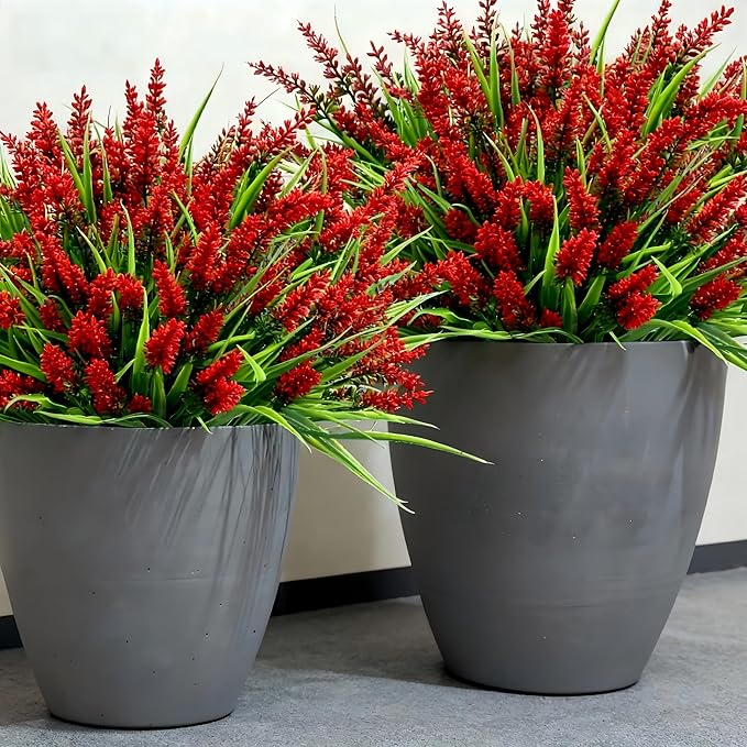 Geegoods Artificial Red Lavender Flowers for Outdoors – 48 Bundles UV Resistant Fake Flowers with Monkey Grass, Realistic Artificial Plants Outdoor for Garden, Patio, Porch, Window Box & Home Décor