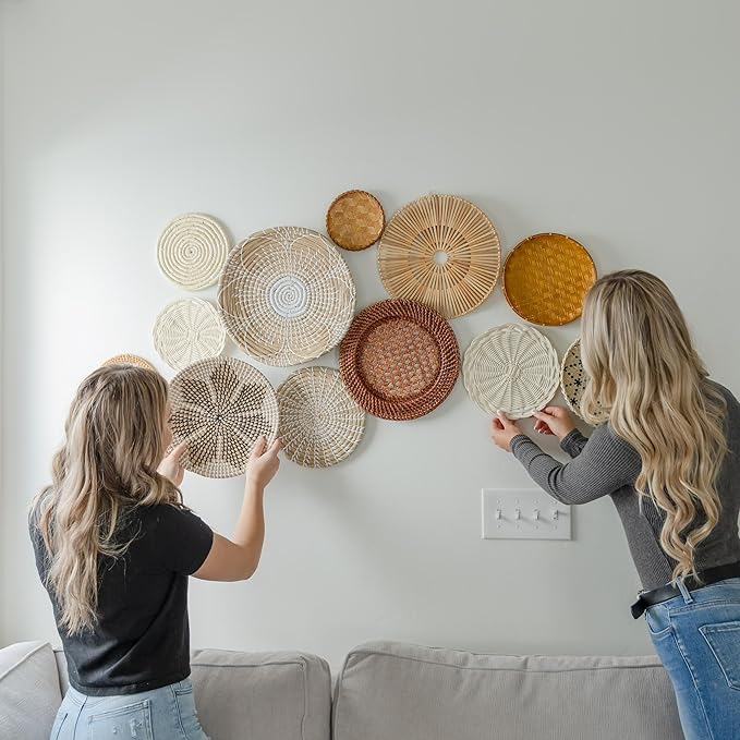 RESPOROX ELEGANCE YOUR WAY Set of 13 Hanging Woven Baskets for Wall Decor - Handcrafted Bamboo, Rattan & Seagrass Baskets come with Hanger Nails, Marking Pencil & Templates