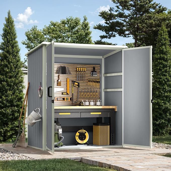 5x3FT Storage Shed Plastic Outdoor Storage Shed Waterproof Outdoor Shed with Floor and Lockable Door for Garden, Lawn, Backyard