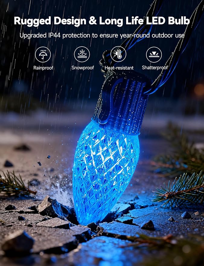 Minetom Smart C9 Christmas Lights Outdoor, 200 LED 213FT Christmas Color Changing Fairy Lights App Control, Music Sync, 105 Preset Modes, Connectable RGB C9 String Lights for House Indoor Xmas Decor