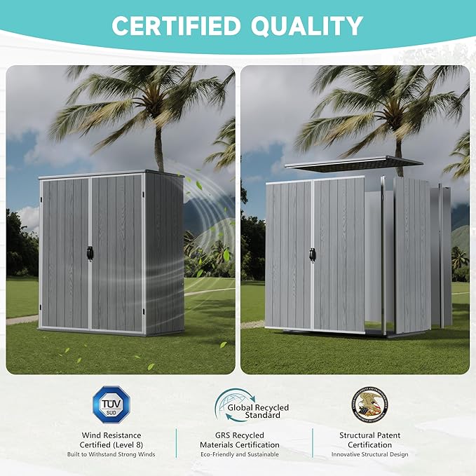Greesum 5X3FT Plastic Storage Shed with Floor, Resin Outdoor Storaged Sheds with Lockable Door, All-Weather Tool Sheds for Garden, Backyard, Patio, Light Gray (4.7×2.5FT)