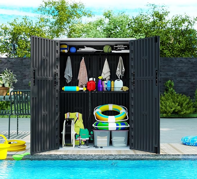 ZZM 57 Cu.ft Outdoor Storage Shed with Floor HDPE Double-Wall Resin Sheds Outdoor Storage, Lockable Weatherproof Storage Cabinet Fit for Garden Tools, Garage can, Bike, Patio Furniture, Black