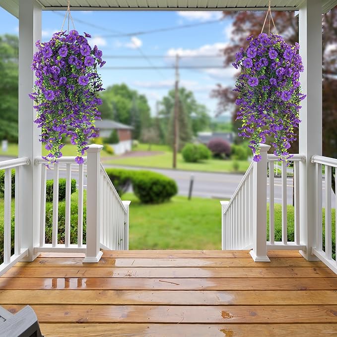 Sggvecsy Artificial Fake Hanging Flowers Plants for Outdoor Outside Spring Summer Decoration 2PCS Faux Silk UV Resistant Realistic Morning Glory with Eucalyptus for Home Porch Patio Balcony(Purple)