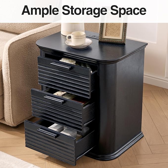 Okvnbjk 22" Wide Fluted Nightstand with Charging Station, Modern End Table for Living Room, Bedroom, Home Office, Wood 3 Drawer Dresser, Large Bedside Tables, Curved Profile Design, Black