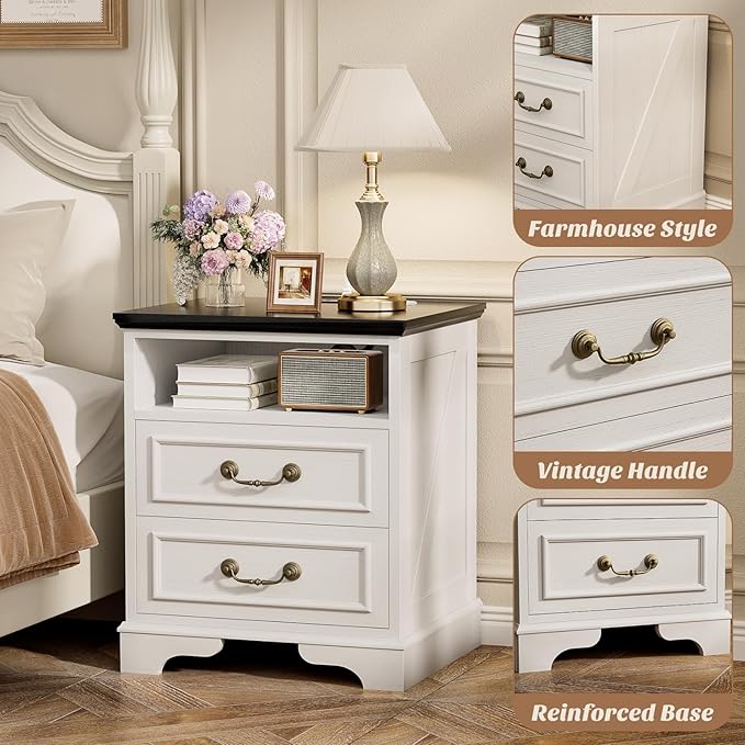Unikito Farmhouse Nightstand with Charging Station, Bedside Table with 2 Large Drawers & Vintage Handles, Side Table with Open Storage for Bedroom (Antique White)