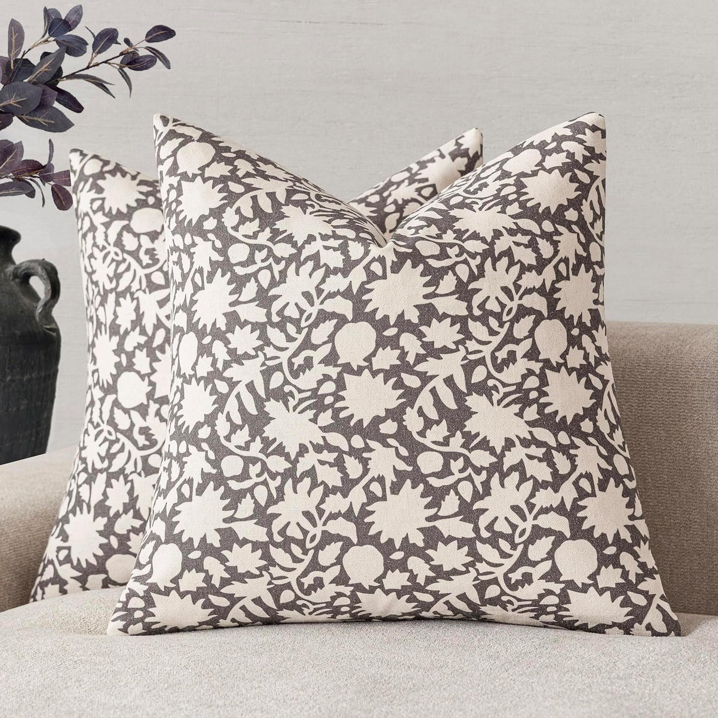 Foindtower Set of 2 Decorative Neutral Floral Throw Pillow Covers Accent Farmhouse Cushion Covers Boho Vintage Pillowcase for Couch Sofa Bedroom Living Room Home Decor Outdoor,22×22 Inch,Rustic Gray