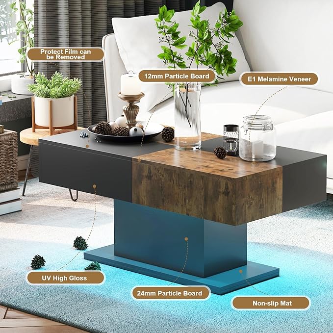 Black Led Coffee Table for Living Room, Living Room Table Rectangular Center Table, Modern Wooden Coffee Tables with 16 Colors LED Lights for Dining Reception Room