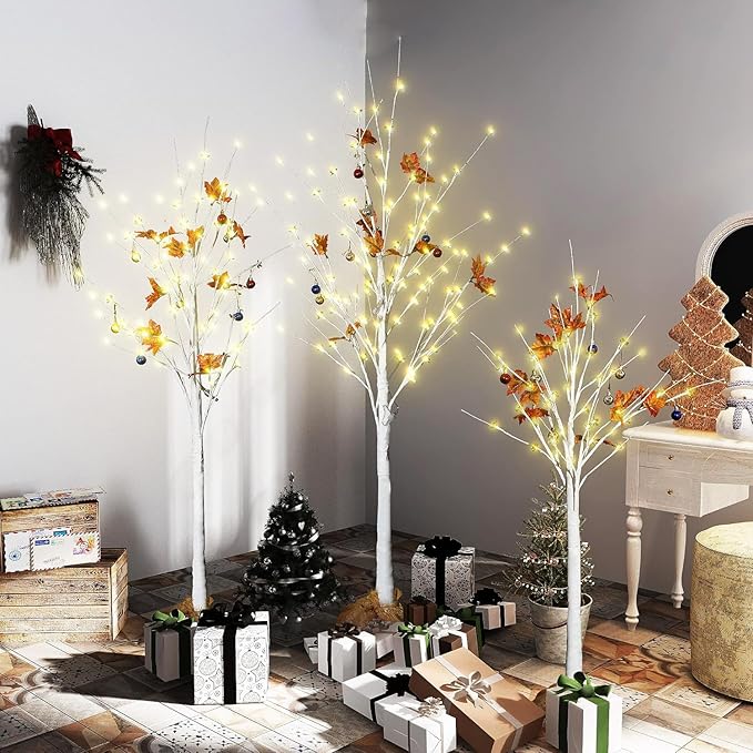 AWQM 4 Feet 5 Feet and 6 Feet Lighted Cherry Blossom Tree, Pack of 3, 200 LED Lights 24 Maple Leaves 24 Balls, for Home, Festival, Party, and Christmas Decoration, Indoor and Outdoor Use (White)