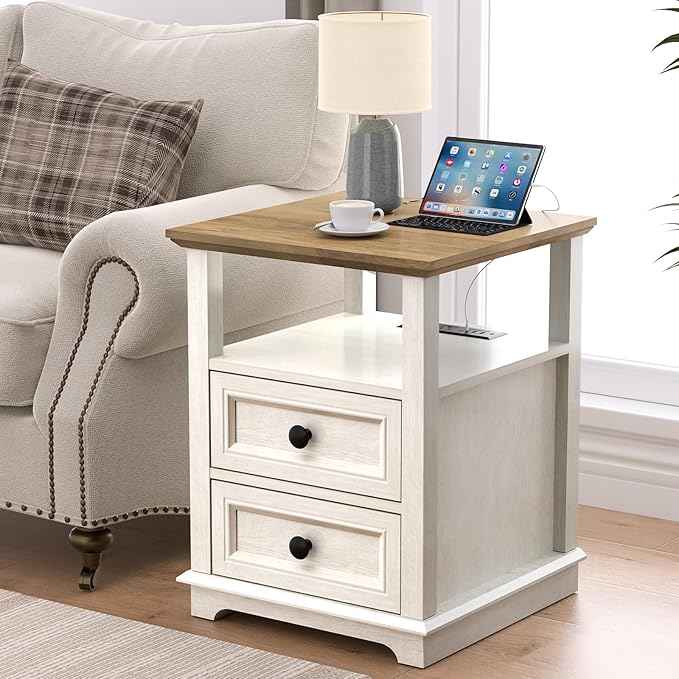18" Wide End Table with Fast Charging Station Set of 2, 18” Wide Sofa End Table with Drawers,Storage Rustic Wood Storage Cabinet,Sofa Table for Living Room,White