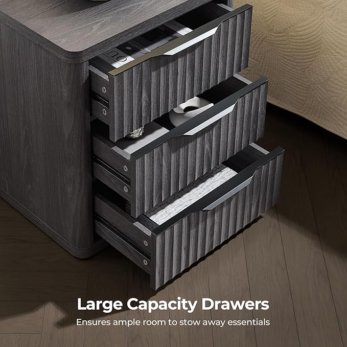 SICOTAS Night Stand Nightstand with 3 Drawers Storage Bedside Table Large Fluted Bed Side End Table Modern 25.6" Tall Wide Night Stands for Bedroom Living Room Sofa Couch Home Office, Dark Grey Alder