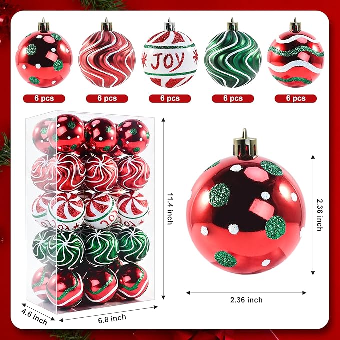 30PCS Christmas Ball Ornaments, 2.36" Red Green White Christmas Balls, Shatterproof Xmas Balls Decoration for Christma Tree, Painting & Glittering Hanging Ball for Party Event