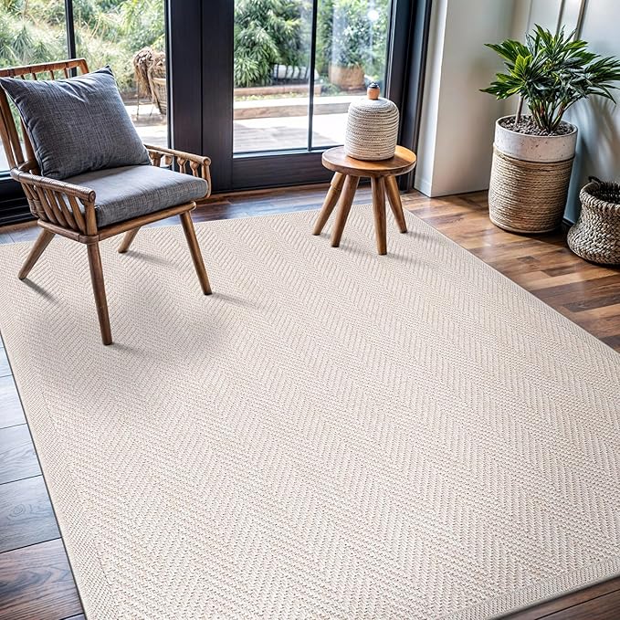 CAMILSON Easy Jute Rug 8x10, Indoor Outdoor Off-White Color Fiber Area Rugs for Living Room and Patio Rug Herringbone Seagrass Boho Woven Design Easy-Cleaning Washable Outside Carpet Alfombras 8 x 10